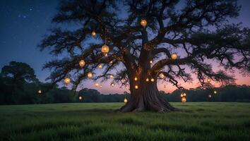 Majestic Tree Decorated with Lanterns Glowing at Dusk in Open Field photo
