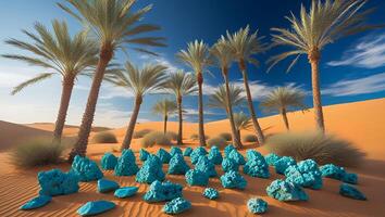 Turquoise Rocks and Palm Trees in a Sunny Desert Landscape photo