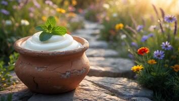 Creamy Yogurt in Clay Pot with Mint Leaf on Stone Path photo
