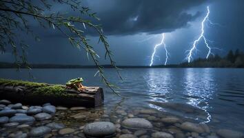 Frog Sitting on Log by Lake During Thunderstorm with Lightning photo