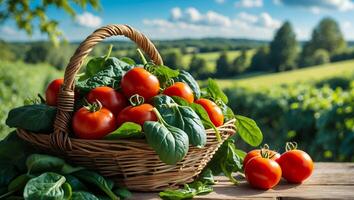 Harvesting Fresh Tomatoes and Spinach in a Wicker Basket Outdoors photo