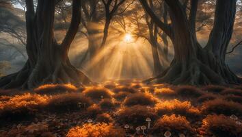 Sun Rays Shining Through Trees in a Mystical Autumnal Forest photo