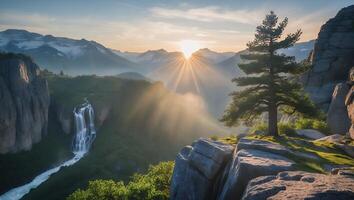 Waterfall Cascades Through Mountain Valley at Sunrise with Sunrays photo