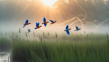 Birds Flying Over Grassy Field at Sunrise with Warm Hues photo