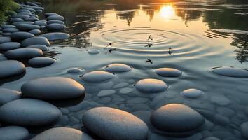 Water Striders on Pond Water at Sunset with Smooth River Rocks photo