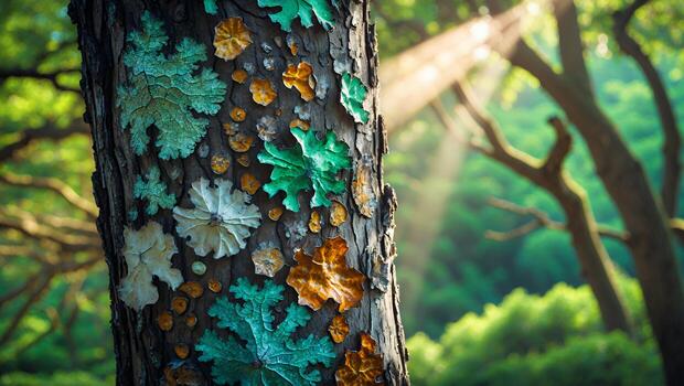 Tree Bark Close Up with Lichen in Forest with Sunlight photo