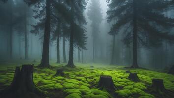 Exploring Mossy Forest Floor with Tree Stumps and Foggy Ambiance photo