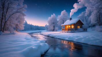 Cozy Log Cabin by Snowy River at Dusk in Winter Landscape photo
