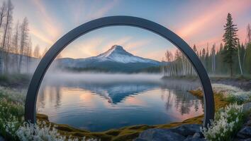 Lake View with Snowy Mountain Through Arch at Sunrise Landscape photo