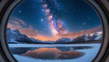 Milky Way Over Frozen Lake Reflected in Circular Porthole View photo