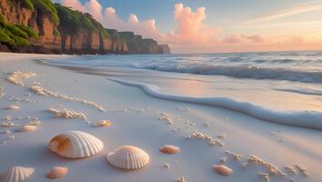 Seashells on Tropical Beach with Ocean Waves and Sunset Sky photo