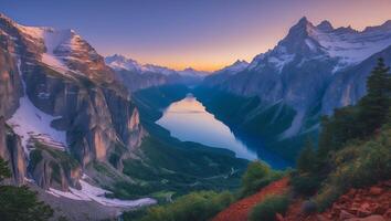 Lake Surrounded by Rocky Mountains at Sunset with Clear Water photo