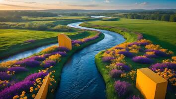 River Flowing Through Green Fields and Colorful Flowers Scenery photo