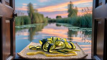 Zucchini Noodles with River View Through Open Door at Sunset photo