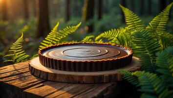 Delicious Chocolate Tart Resting on Wooden Slab in Lush Forest photo