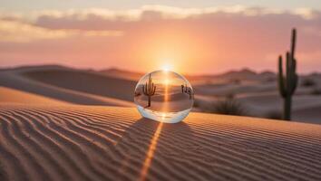 Desert Cactus Landscape Reflected in Crystal Ball at Sunset Time photo
