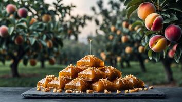 Stack of Sweet Pastries with Honey Drizzle in Peach Orchard Setting photo