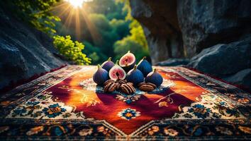 Figs and Pecans on Oriental Carpet in Sunny Outdoor Setting photo
