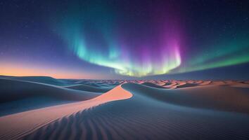 Aurora Borealis Dancing Above Desert Sand Dunes Under a Starry Sky photo