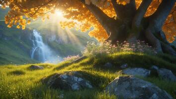 Waterfall View Through Golden Tree Branches Over Green Grassy Field photo