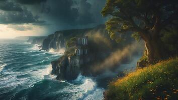 Dramatic Cliffside Scene with Waves Crashing and Ancient Structure photo