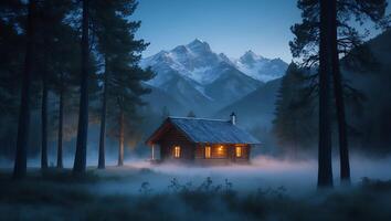Cozy Cabin in Misty Forest with Snowy Mountain Backdrop Scene photo