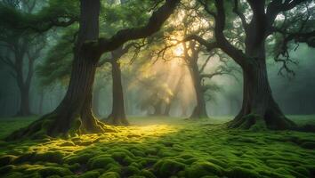 Mystical Forest with Sunlight Streaming Through Trees and Mossy Ground photo