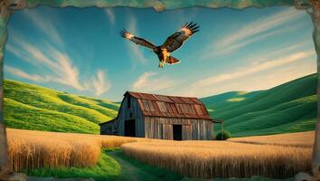 Eagle Flying Above Wheat Field and Barn in Summer Countryside photo