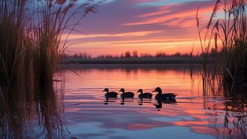 Ducks Swimming in Lake at Sunset Reflecting Colorful Sky photo