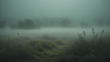 Foggy Landscape Scene with Meadow Grass and Trees in Mist photo
