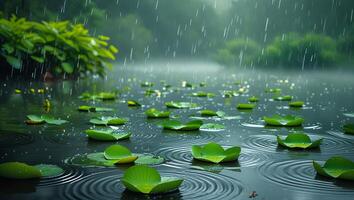 Lily Pads on Pond During Rain with Ripples and Greenery photo