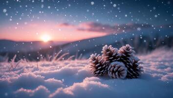 Pine Cones in Snowy Winter Landscape with Sunset and Falling Snow photo