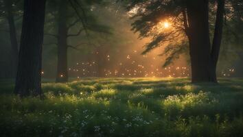Magical Forest Meadow at Dusk with Fireflies and Sunlight photo
