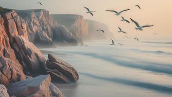 Seagulls Soaring Above Rocky Coastline at Sunrise with Calm Waves photo