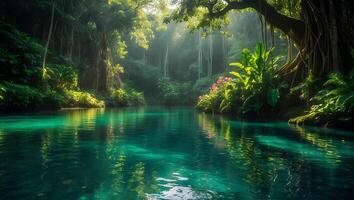 Lush Tropical Forest River with Clear Water and Sun Rays photo
