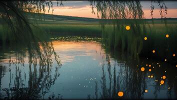 Calm Water Reflection Under Willow Branches with Fireflies at Dusk photo