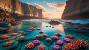 Coastal Rocks and Sea Anemones at Sunset Along Rugged Cliffs photo