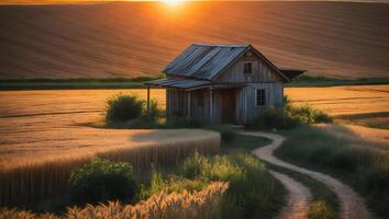 Old Farmhouse in Golden Wheat Field at Sunset with Dirt Path photo