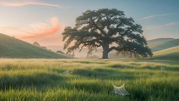 Standing Tree in Green Field with Spiderwebs at Sunrise photo
