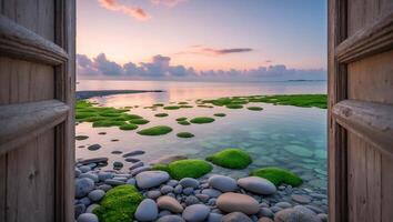 Viewing Ocean Shore with Mossy Rocks Through an Open Wooden Door photo