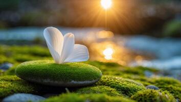 White Flower on Mossy Stone Near Flowing Water at Sunset photo
