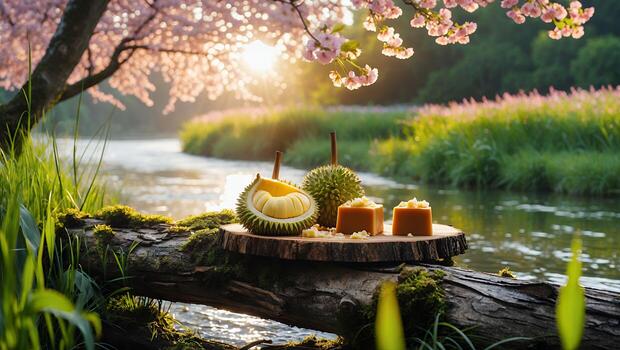 Durian Fruit Display Beside Flowing River with Blossoming Trees photo