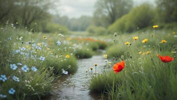 Stream Flowing Through Meadow of Wildflowers Creates Tranquil Landscape Scene photo