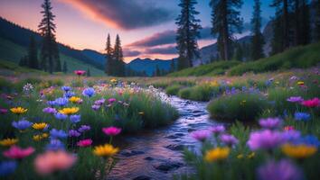 Tranquil Stream Flowing Through Colorful Meadow at Sunset photo