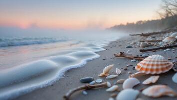 Seashells and Driftwood on Sandy Beach with Ocean Waves at Sunrise photo