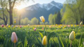 Tulip Field with Mountain Backdrop in Morning Sunlight Serene Spring Scene photo