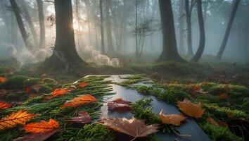 Wooden Surface with Autumn Leaves in Misty Woodland Setting photo