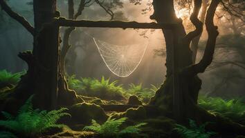 Spiderweb Forest Scene in Foggy Woodlands with Sun Rays photo