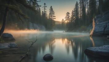 Foggy Lake Landscape Surrounded by Forest at Sunrise Reflection photo
