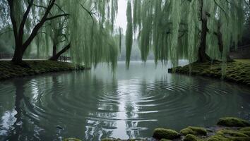 Gentle Ripples Expanding on a Tranquil Lake Under Weeping Willow Trees photo
